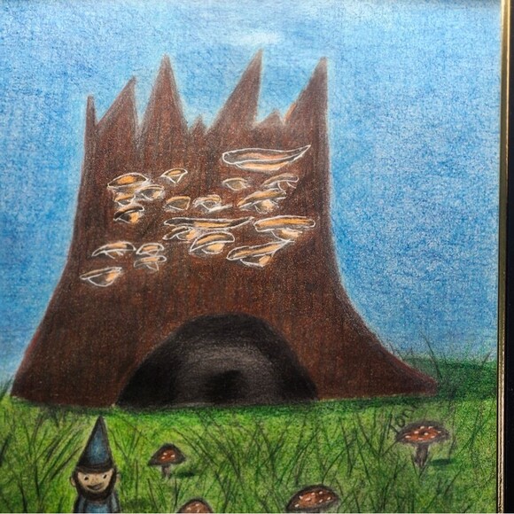 Hand Crafted Gnome Tree House Colored Pencil Drawing Framed 9x11" - Picture 6 of 13